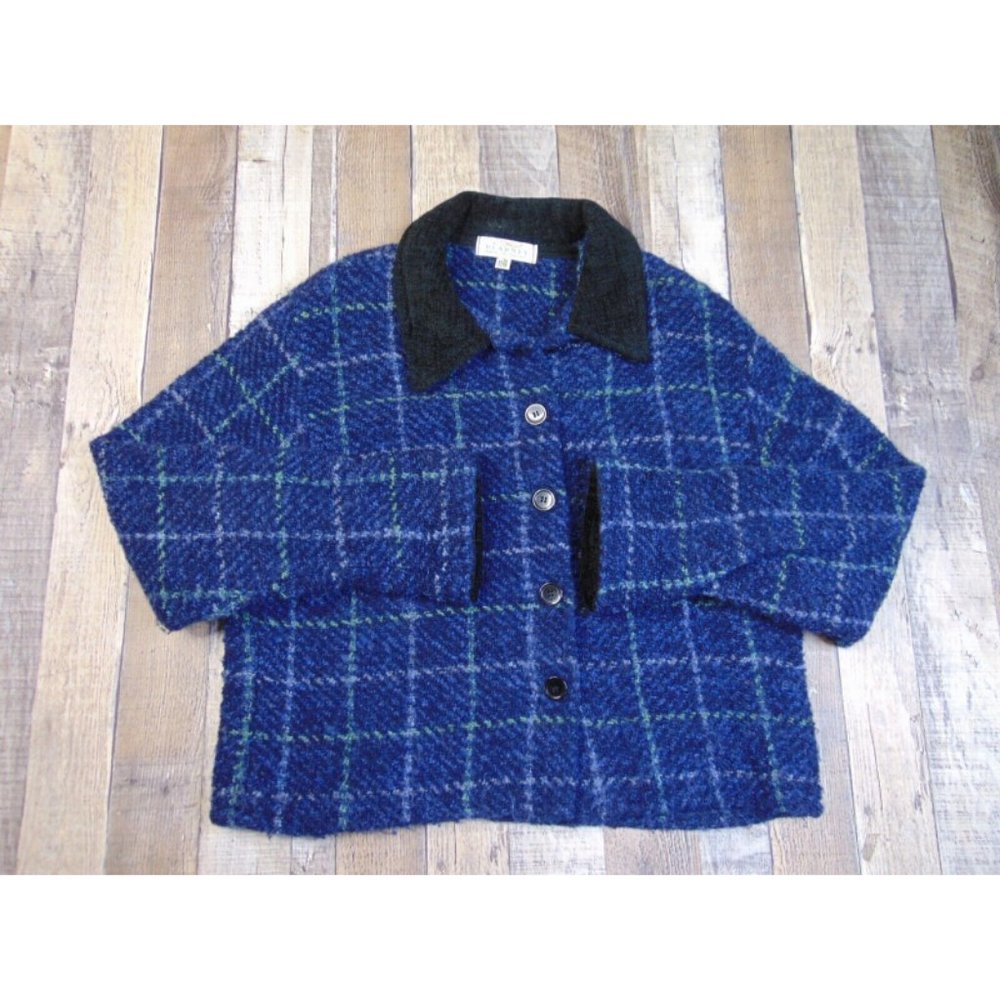 Blarney Women L Wool Sweater Cardigan Blue Check Button Front Ireland Knit